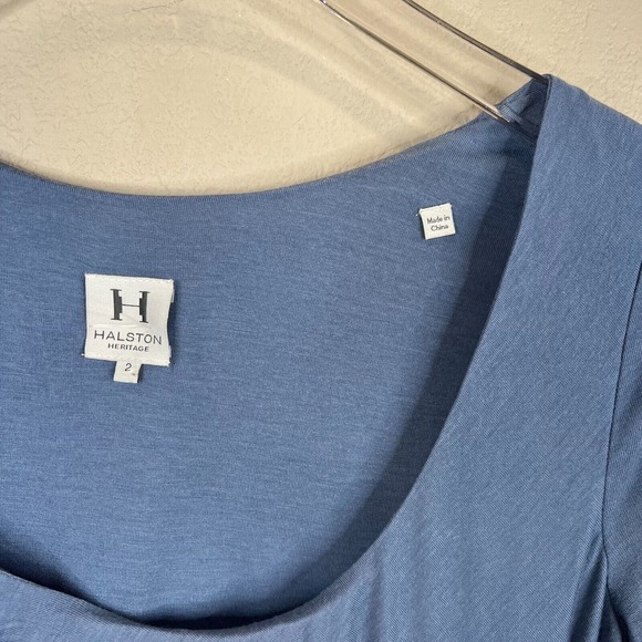 Halston Heritage Sheath Dress Sz 2 Blue Ruched 3/4 Sleeve Scoop Neck Silk Blend - Picture 5 of 13